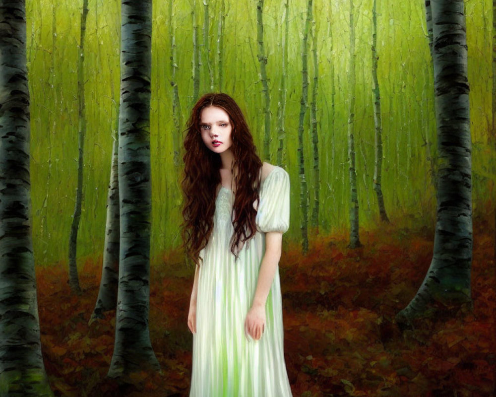 Woman with long wavy hair in white and green dress in moody birch forest.