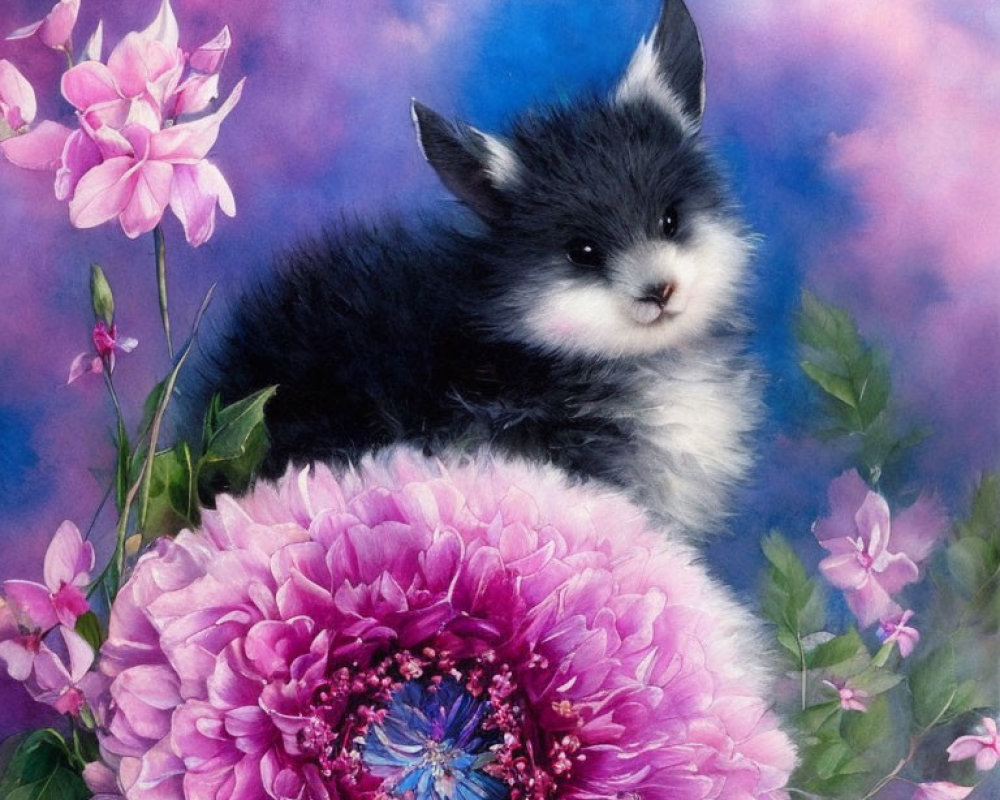 Fluffy Black and White Puppy on Pink Flower in Blue Background