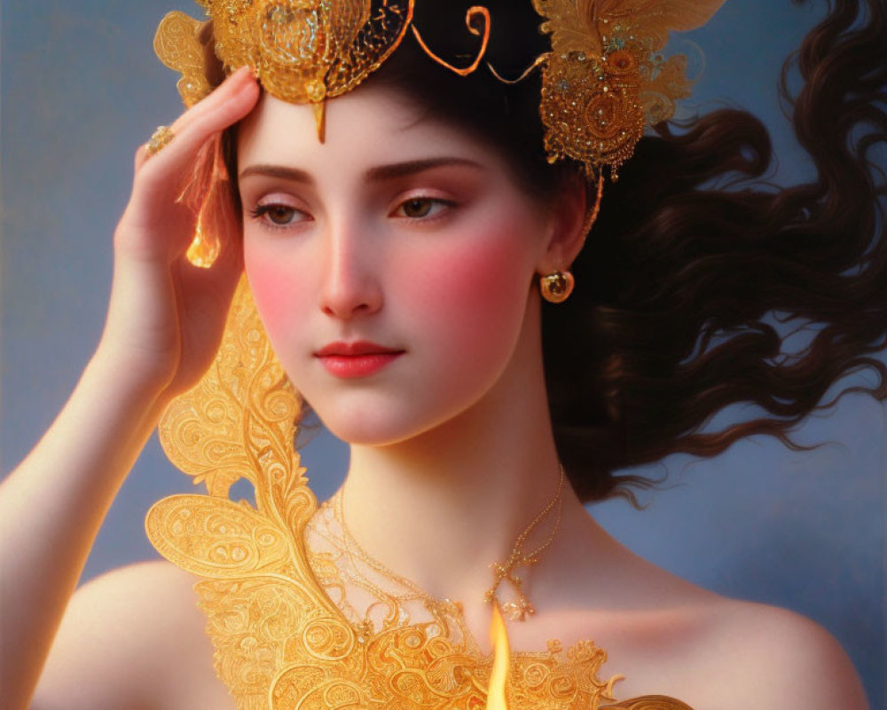 Golden headpiece woman in butterfly motif garment gracefully posing