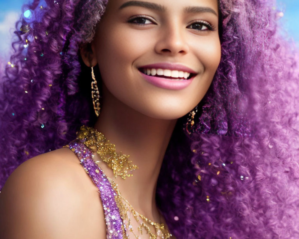 Vibrant Purple Curly Hair Woman in Sparkling Dress and Jewelry