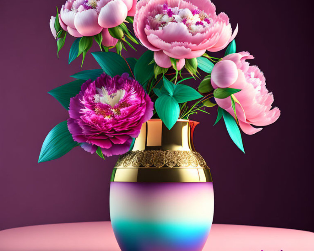 Pink peonies bouquet in multicolored vase on purple background