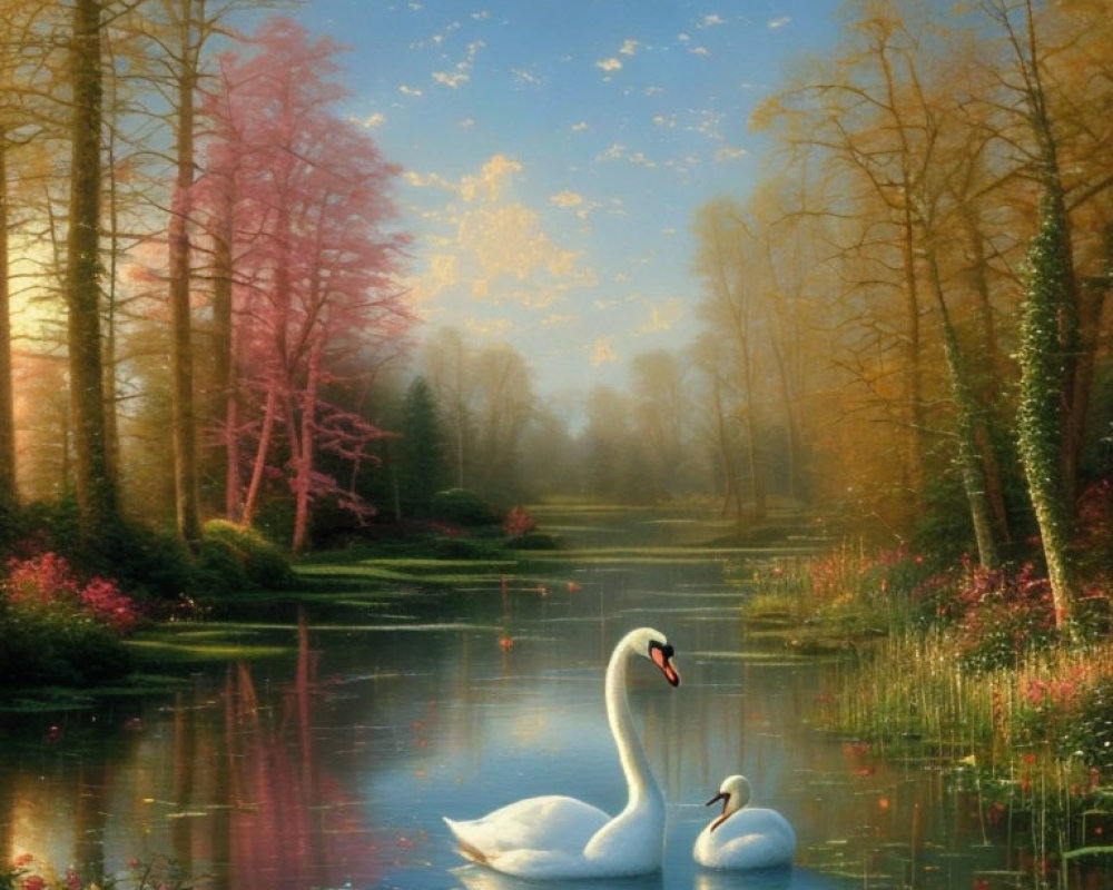 Tranquil lake scene with two swans and blossoming trees