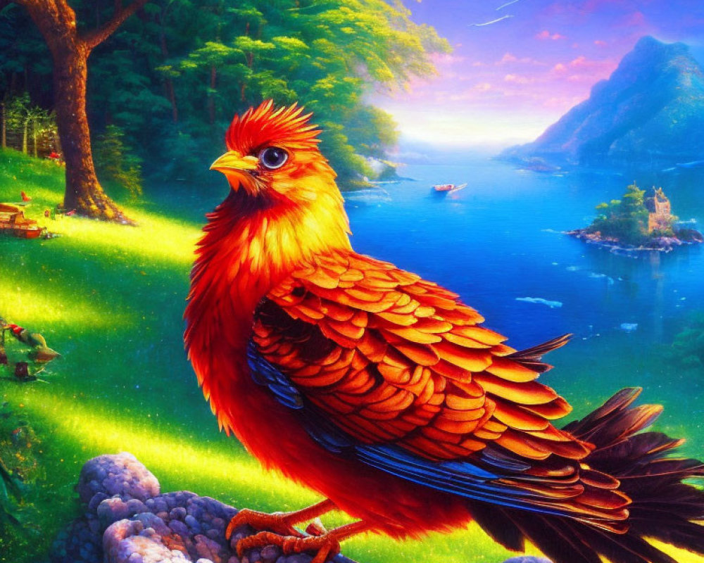 Orange feathered bird overlooking serene landscape at sunset