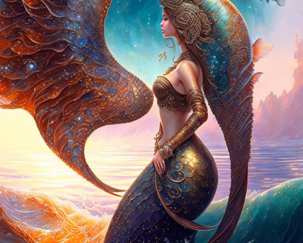 Fantastical mermaid with ornate tail near ocean's surface at sunset