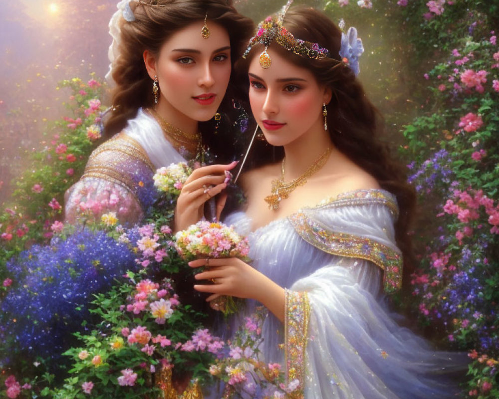 Two women in elegant gowns and ornate headdresses in a blooming garden scene.