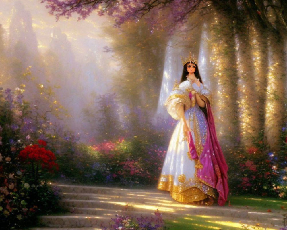 Luxurious gown-wearing princess in magical garden with vibrant flowers