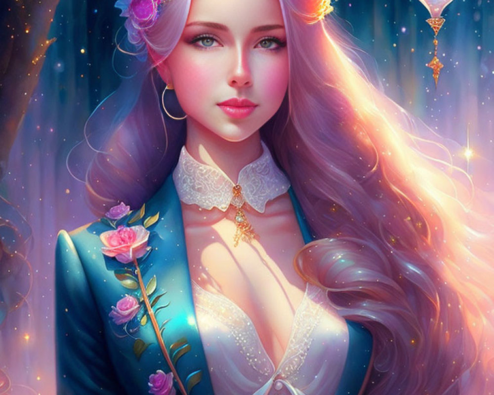 Fantasy female character with flowing hair and floral crown in magical setting