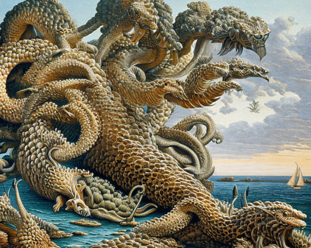 Detailed Illustration: Monstrous Multi-Headed Sea Dragon Rising from Ocean