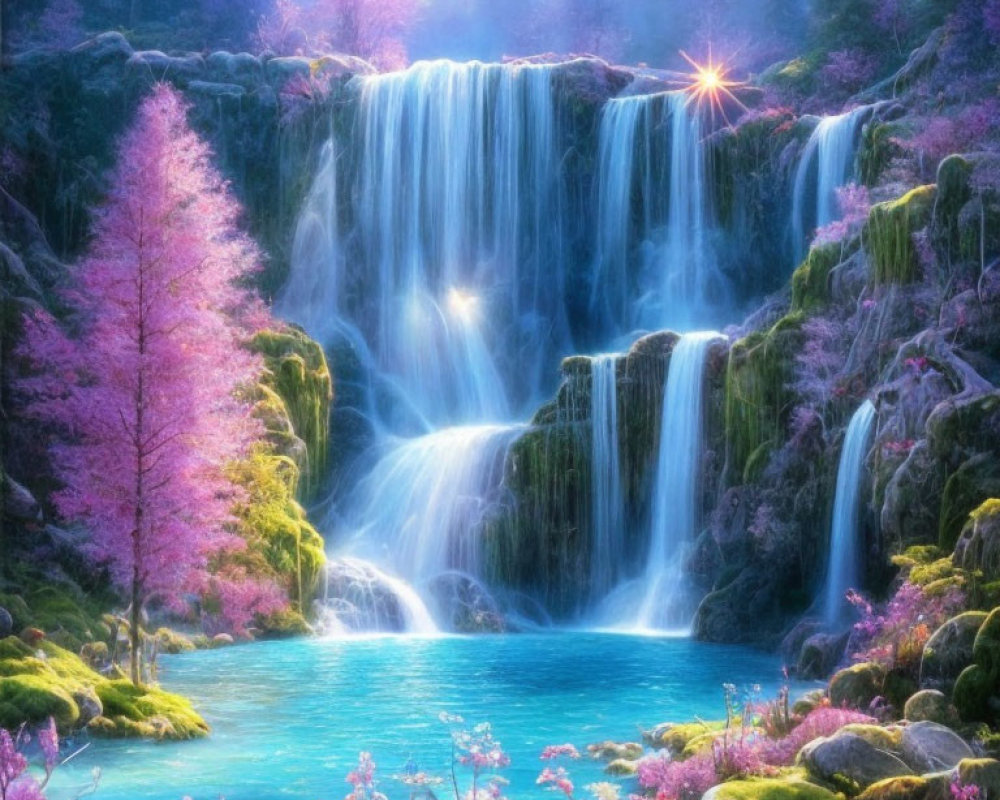 Fantastical landscape with cascading waterfall, blue pond, pink trees, and sparkling sunlight