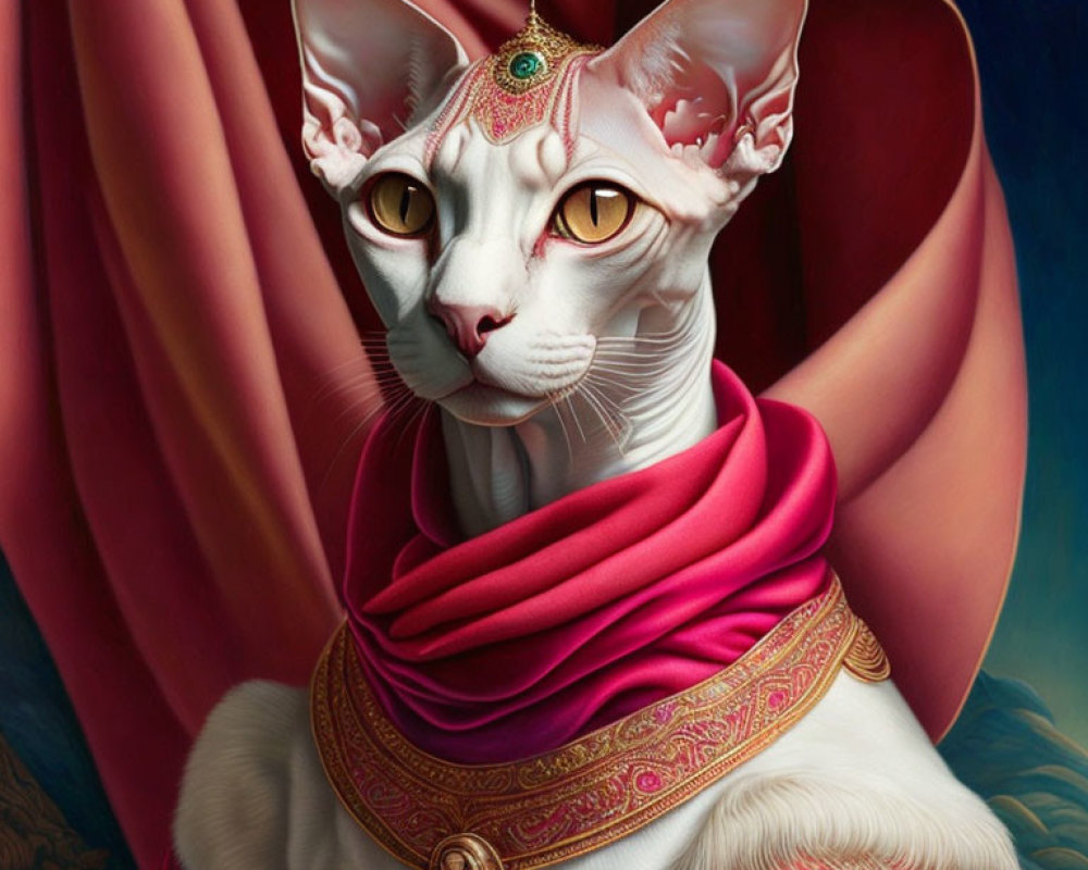 Regal sphynx cat with jeweled headpiece on pink fabric against blue background