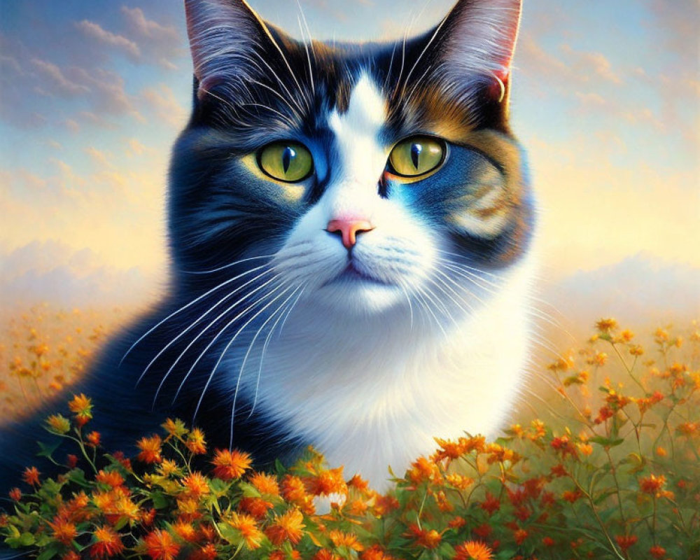 Colorful Cat Painting with Green-Eyed Cat in Orange Flower Field