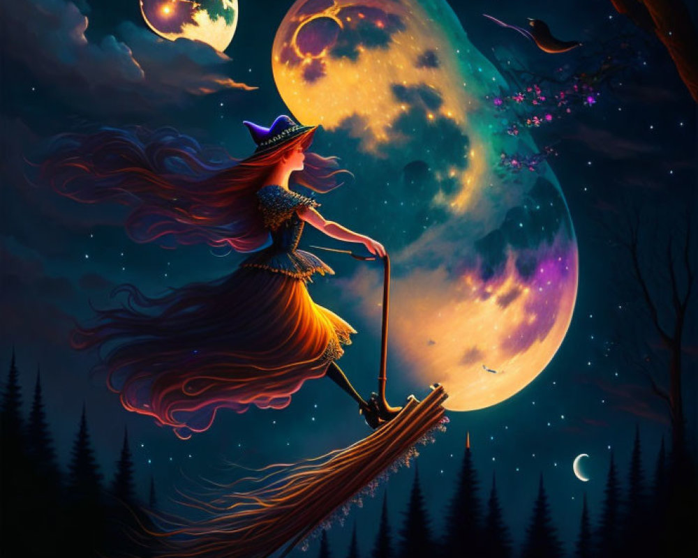 Whimsical witch on broomstick in colorful night sky