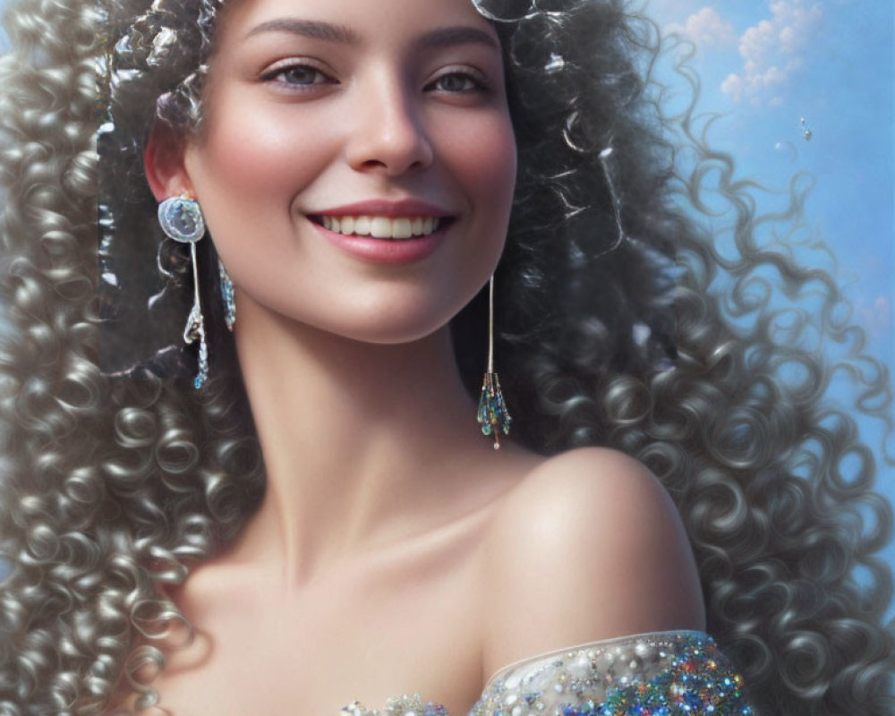 Smiling woman with curly hair and sparkling earrings in bejeweled top