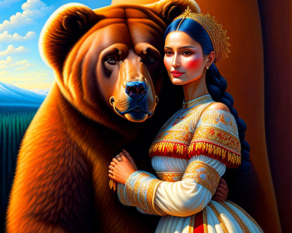 Woman in traditional attire hugging bear in scenic landscape