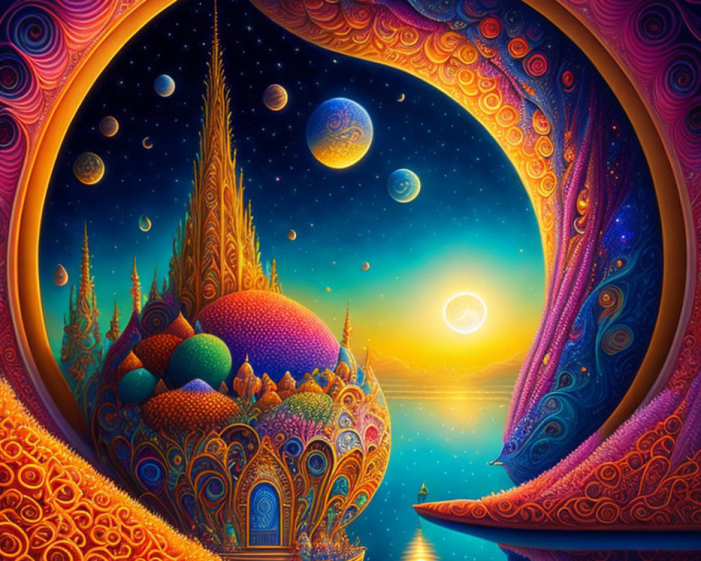 Colorful psychedelic art with swirling patterns and cosmic scenery