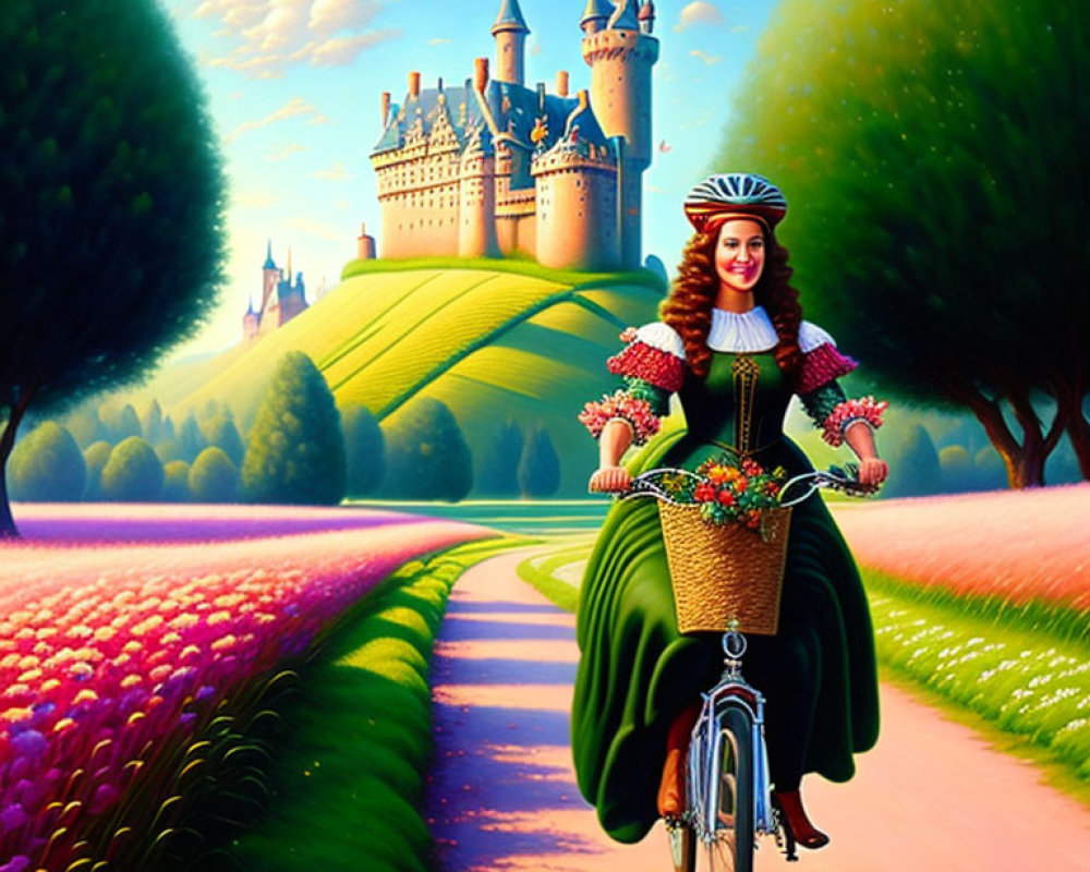 Woman in period dress biking through vibrant landscape towards fairytale castle