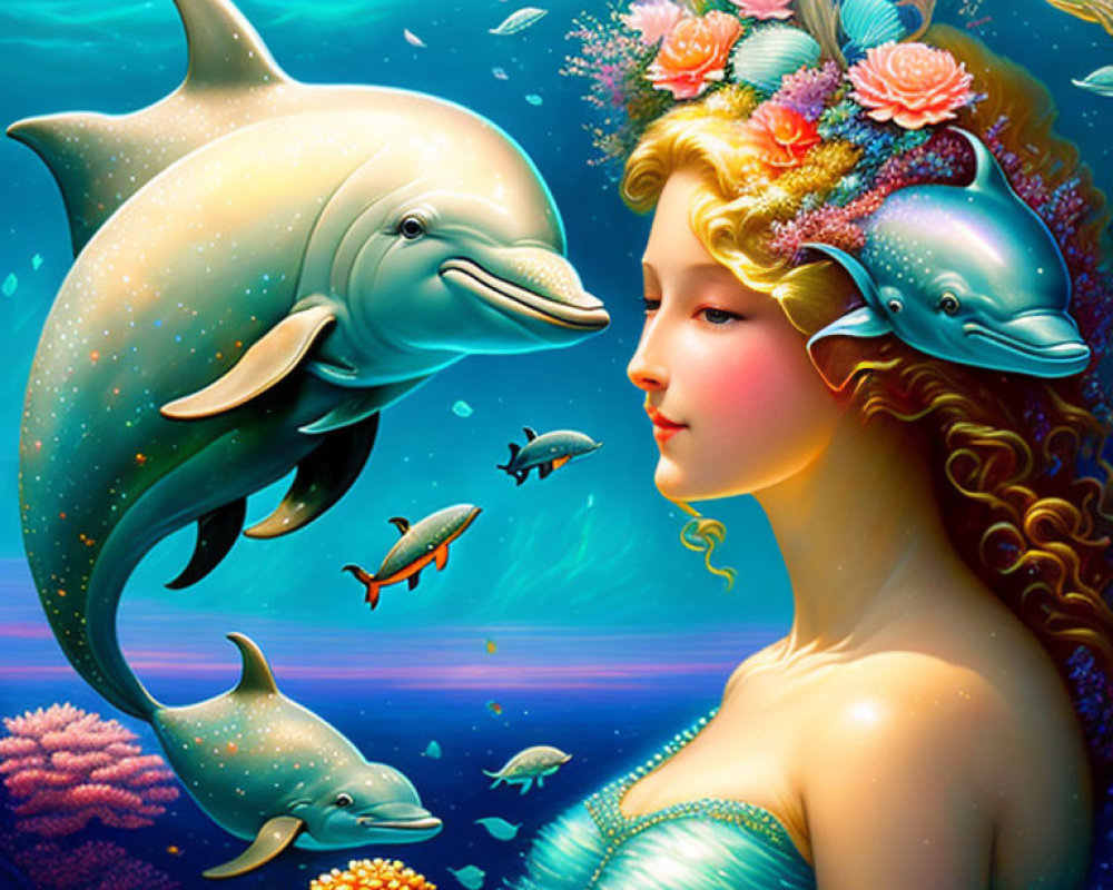 Vibrant underwater fantasy scene with woman, dolphins, fish, and coral