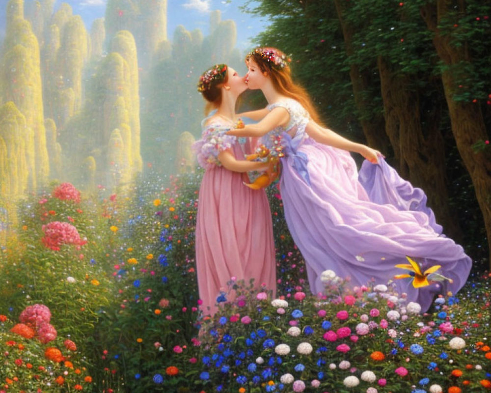 Two women embrace in a flower-filled meadow with a sunlit forest backdrop