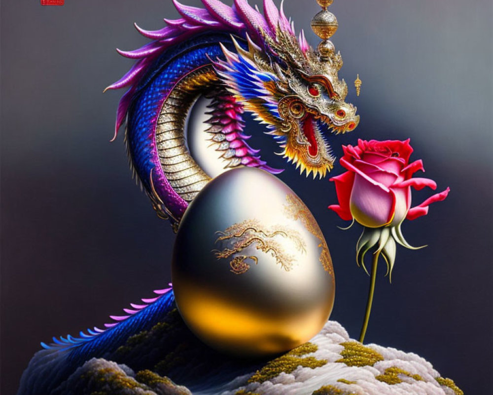 Mythical dragon with golden orb and red rose in vibrant digital illustration