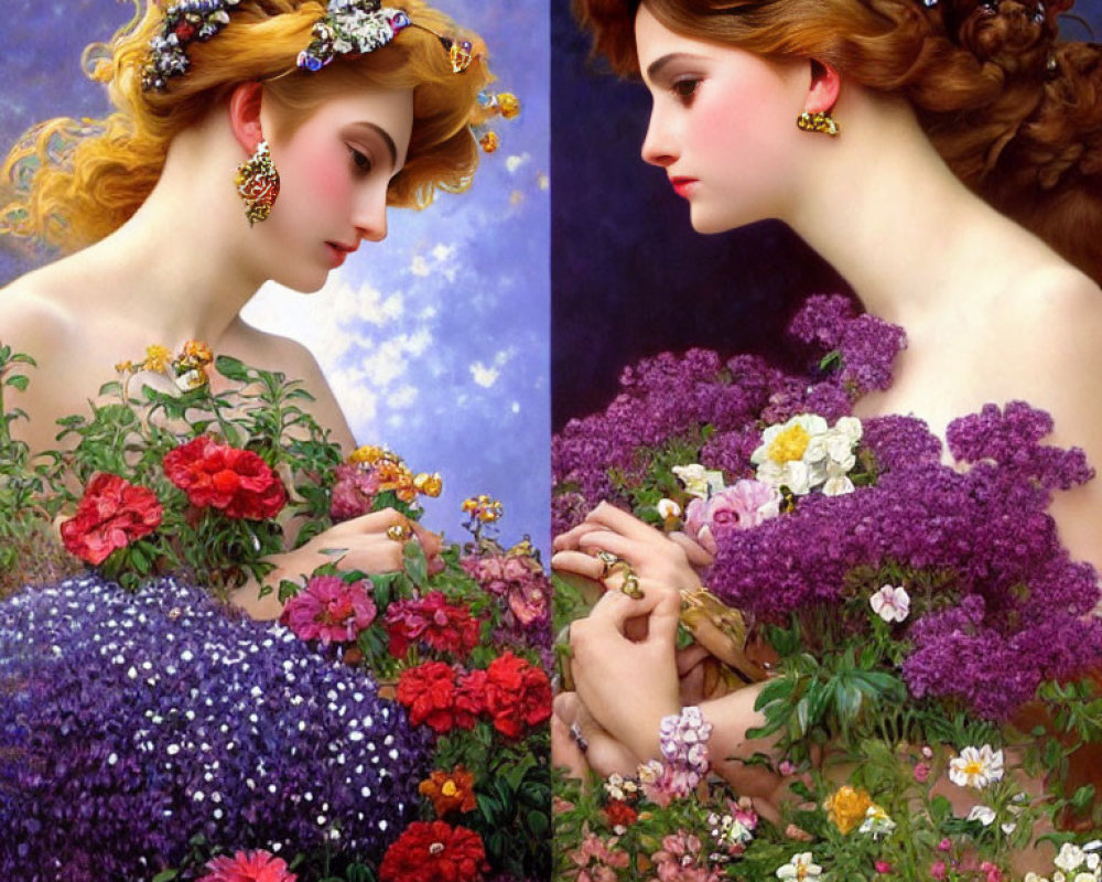 Woman with Floral Hair and Dress in Two Paintings