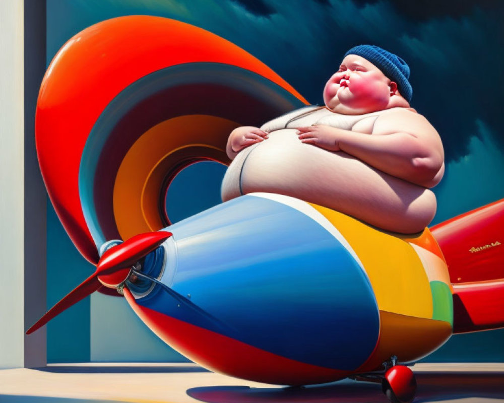 Colorful painting of overweight figure on toy plane in surreal setting