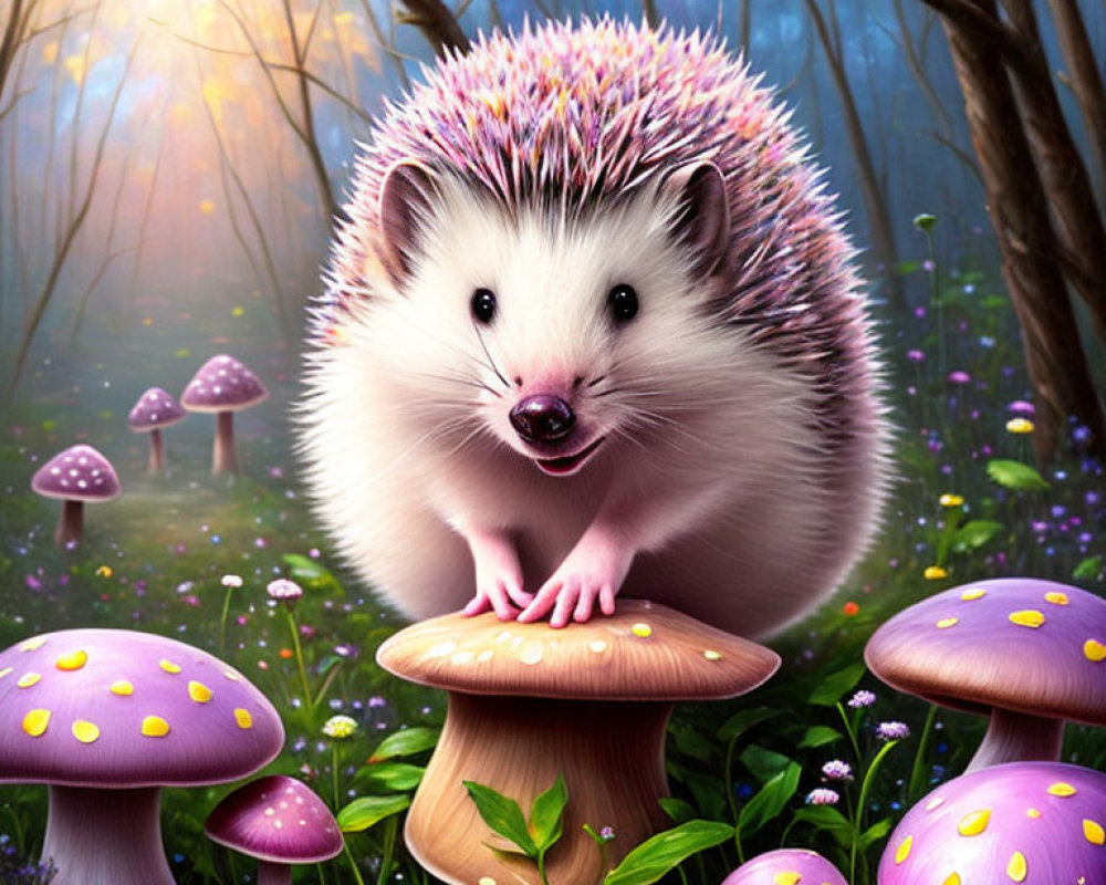 Smiling hedgehog on mushroom in whimsical forest illustration