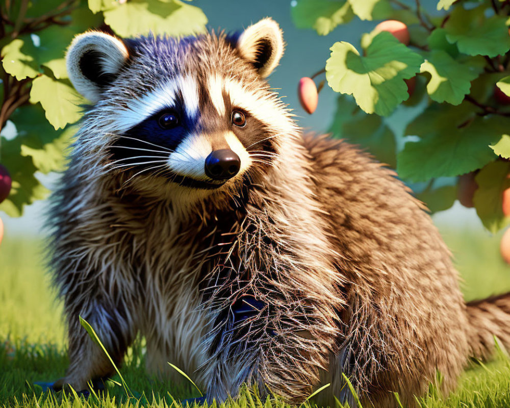 Detailed digital illustration of a raccoon in grass with lifelike fur texture