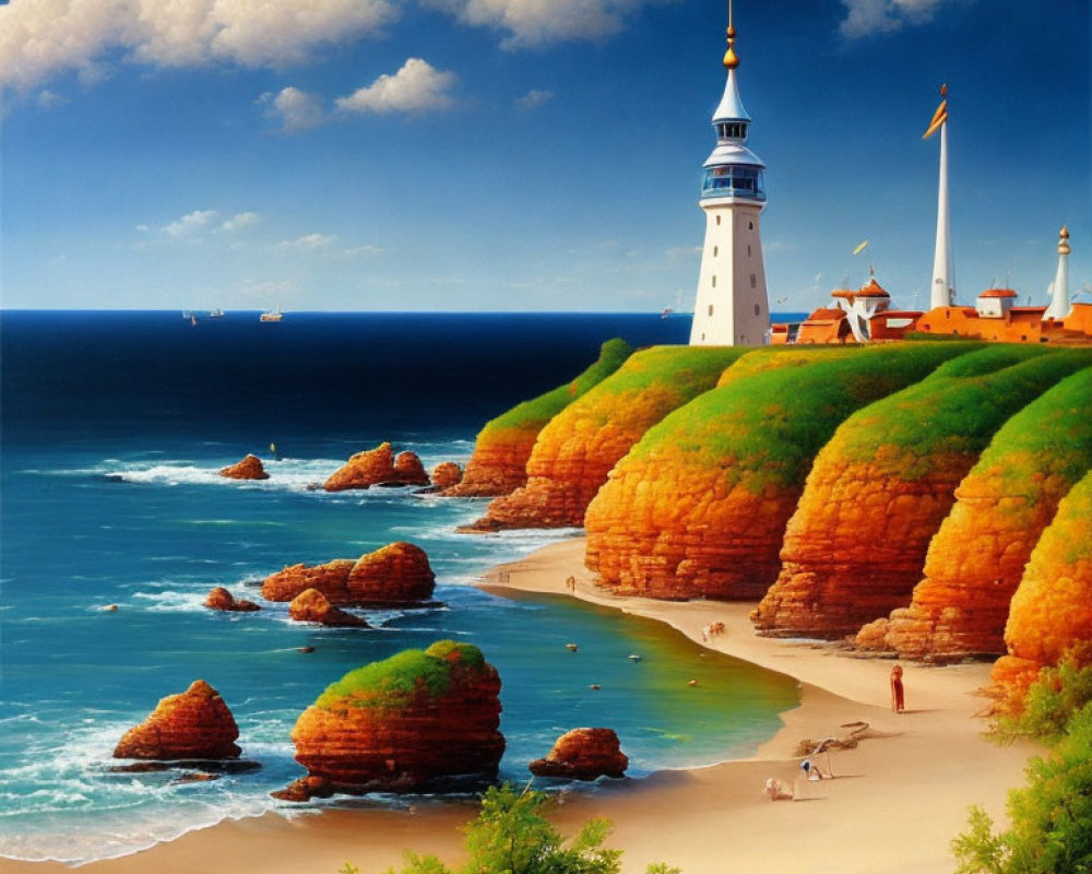 Scenic coastal landscape with lighthouse, beach, and ships