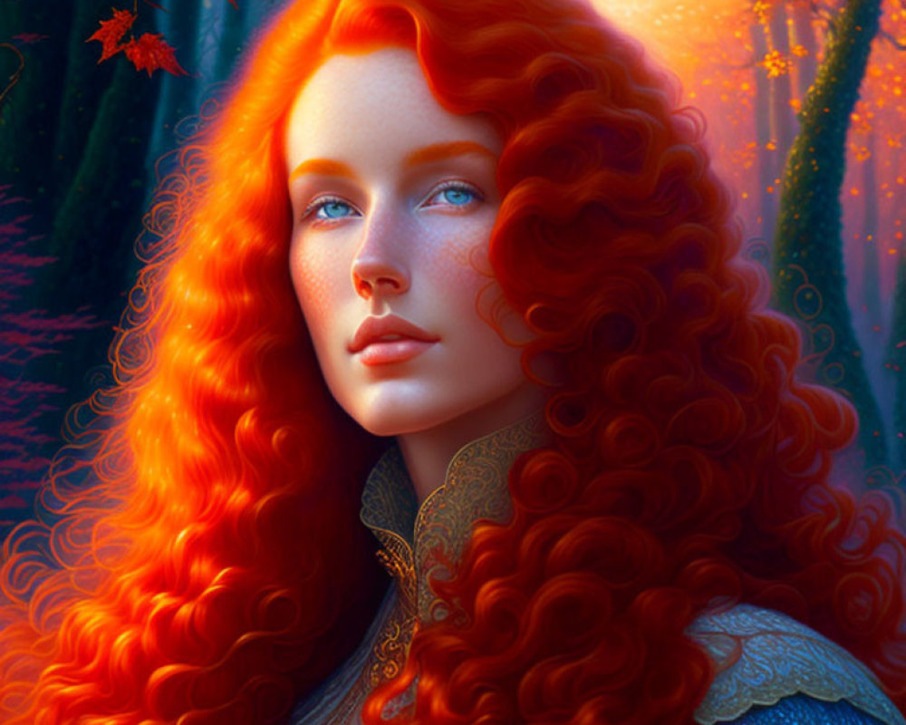 Vibrant red-haired woman in autumn forest setting