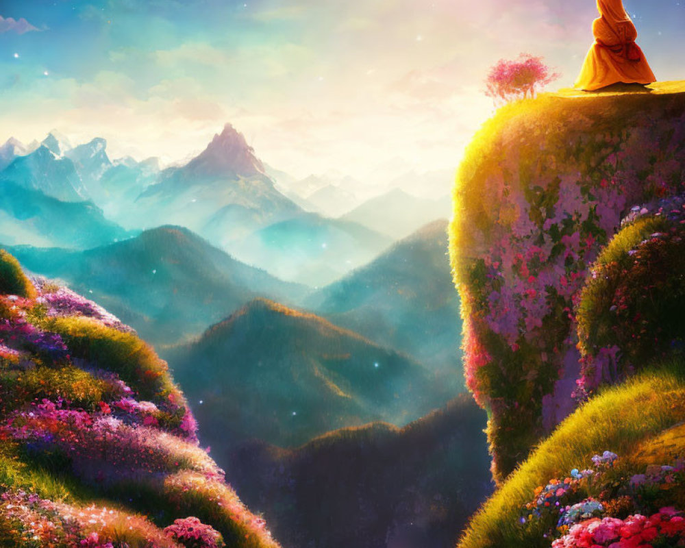 Cloaked figure on cliff with colorful flowers, fantasy landscape with moon and planets