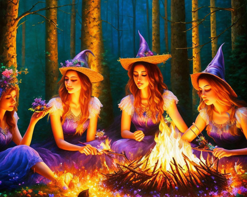 Four red-haired witches in purple dresses around a fire in an enchanted forest