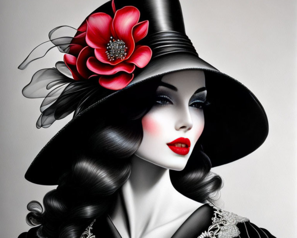 Stylized portrait of a woman with red lips and black hat