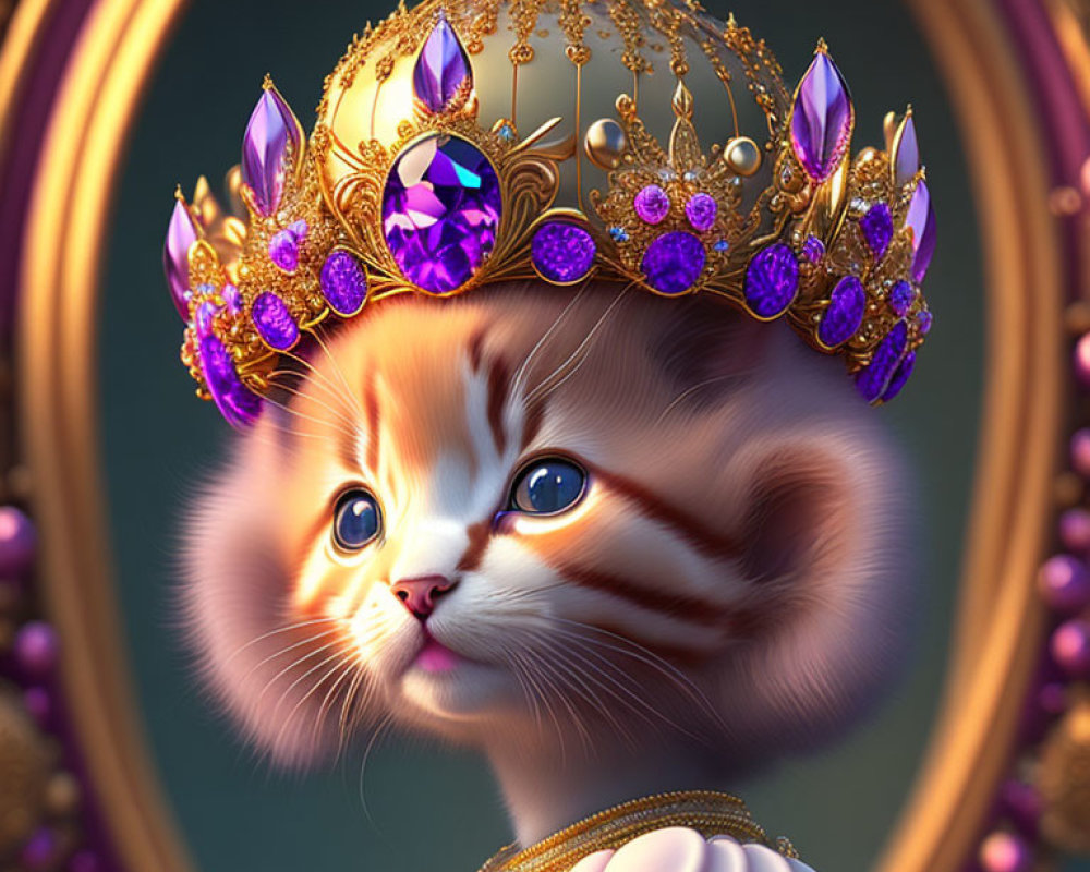 Regal Kitten with Blue Eyes in Crown and Jewels