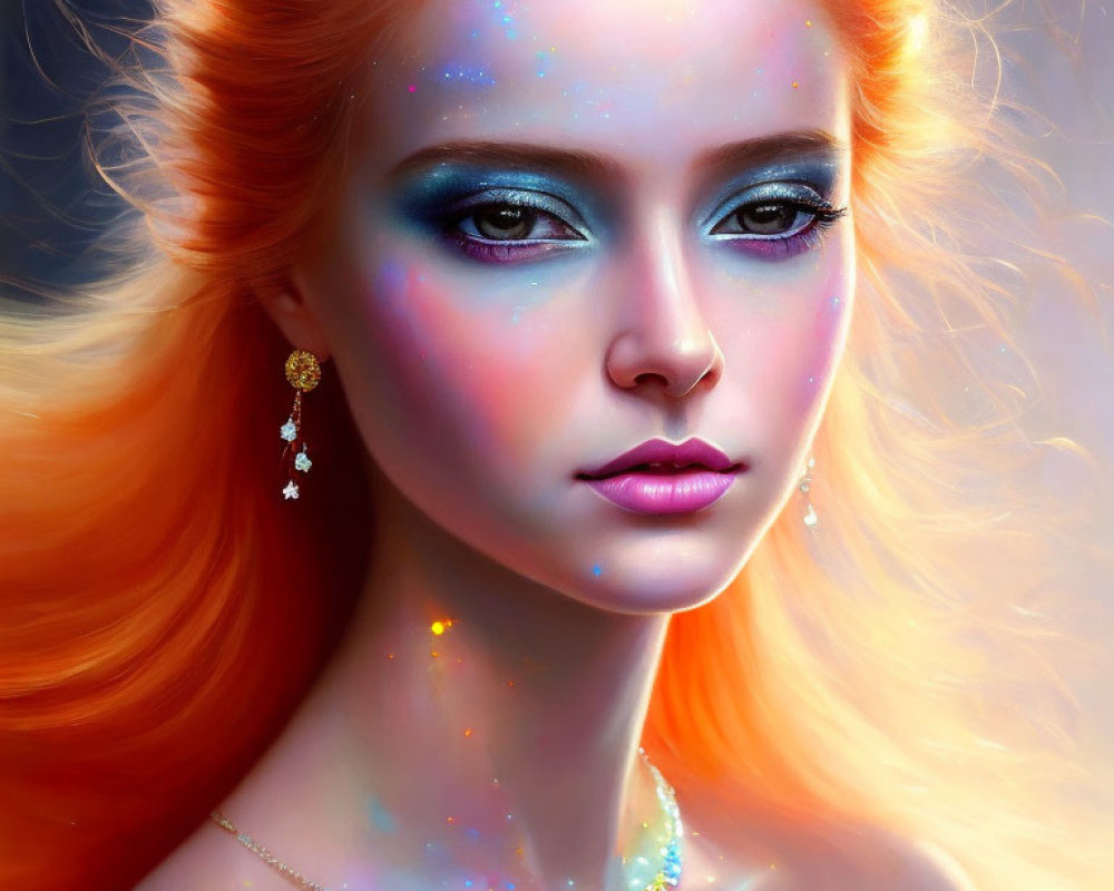 Vibrant digital portrait of a woman with orange hair and multicolored makeup