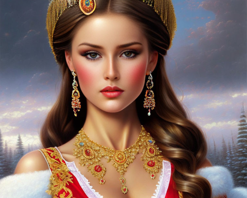 Elaborate golden headwear and red dress in fantasy painting