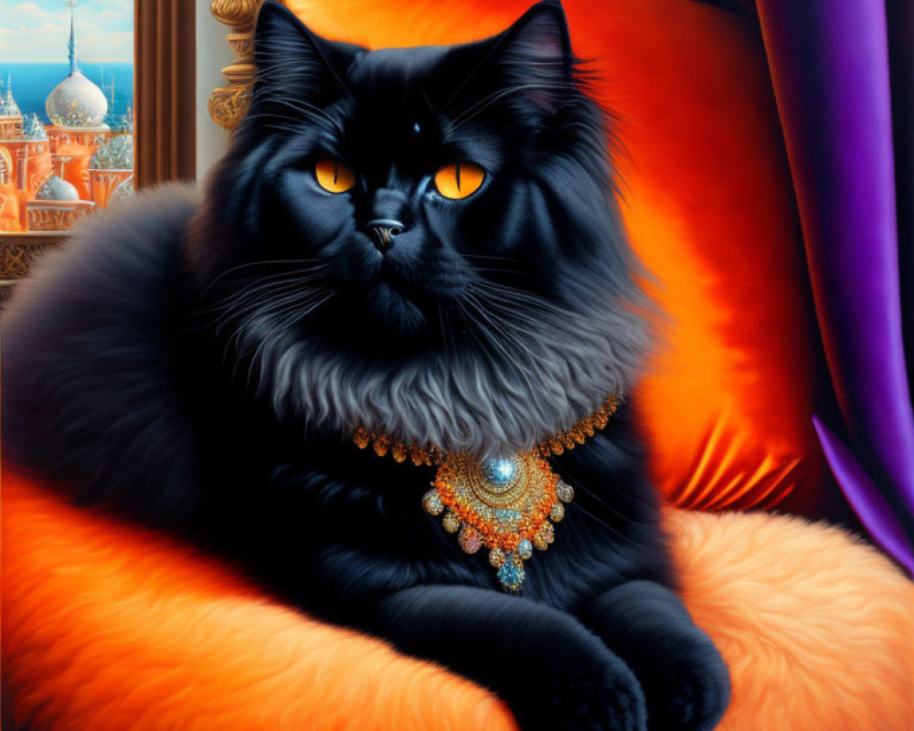 Black Cat with Orange Eyes and Jeweled Necklace on Orange Pillow with Palace Backdrop