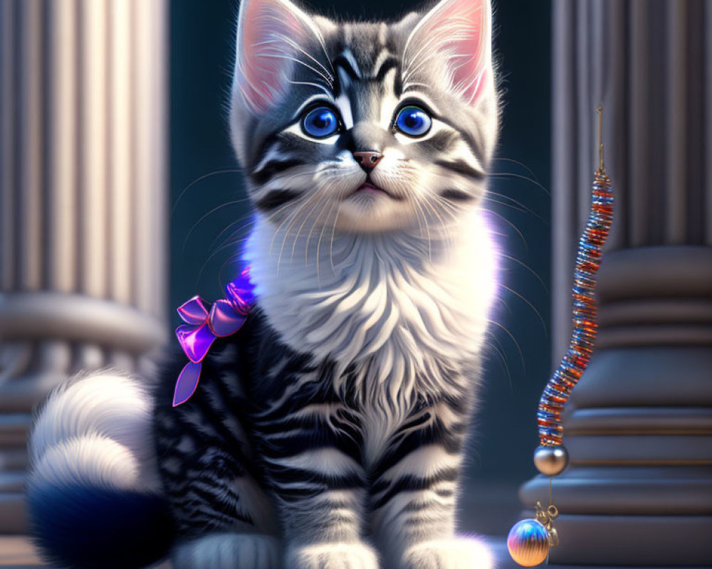 Fluffy kitten with blue eyes and grey stripes next to a spiraled toy