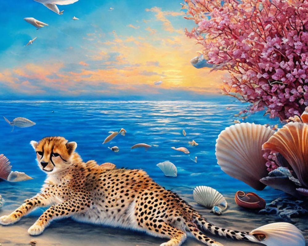 Surreal illustration of cheetah on beach with fish and coral tree