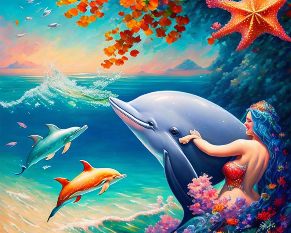 Colorful Underwater Scene with Mermaid, Dolphins, Coral, Starfish, Autumn Leaves, and