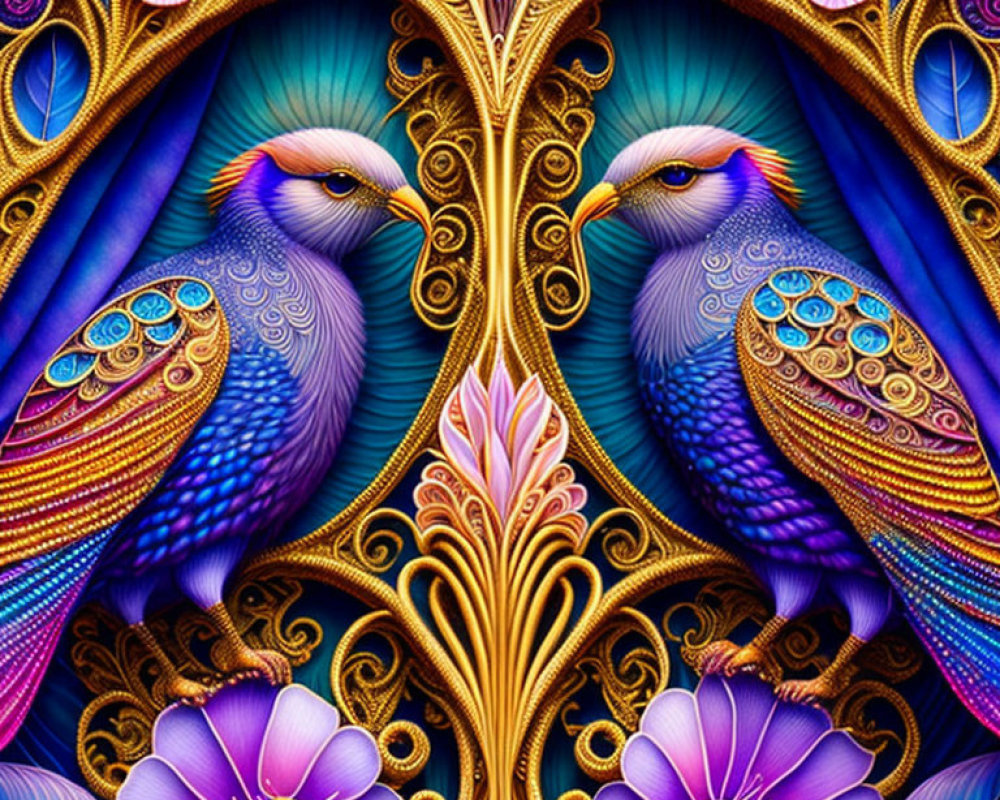 Symmetrical peacocks with elaborate feathers in vibrant digital artwork