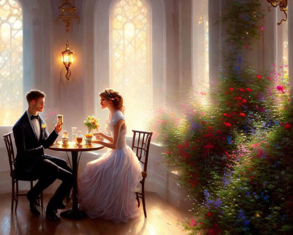 Formal couple in ornate room with flowers and chandeliers