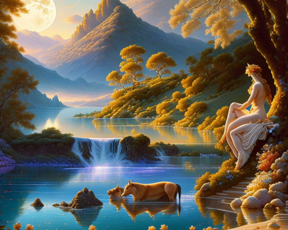 Fantasy landscape at night with figure, tiger, lake, and mountains