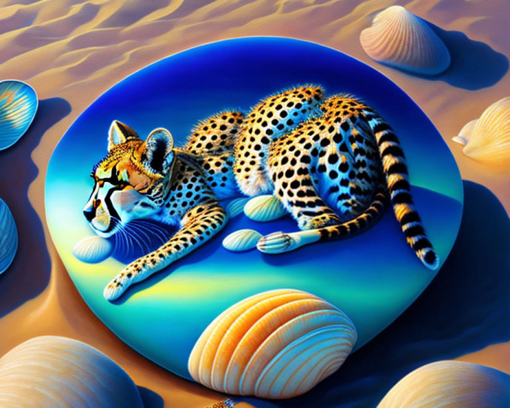 Surreal cheetah in sunglasses on colorful desert float