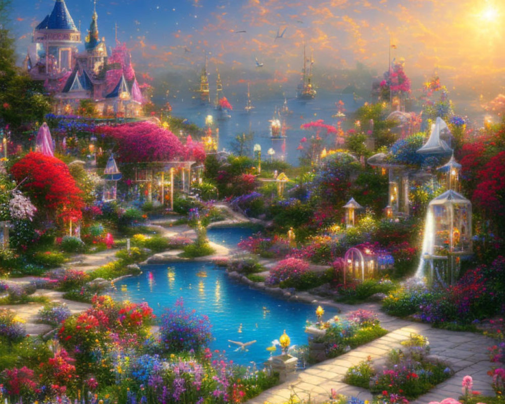 Enchanted garden with fairy-tale castle, blooming flowers, pond, ships, sunset sky