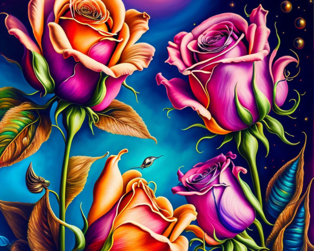 Colorful roses under starry sky with celestial body and hummingbird in flight