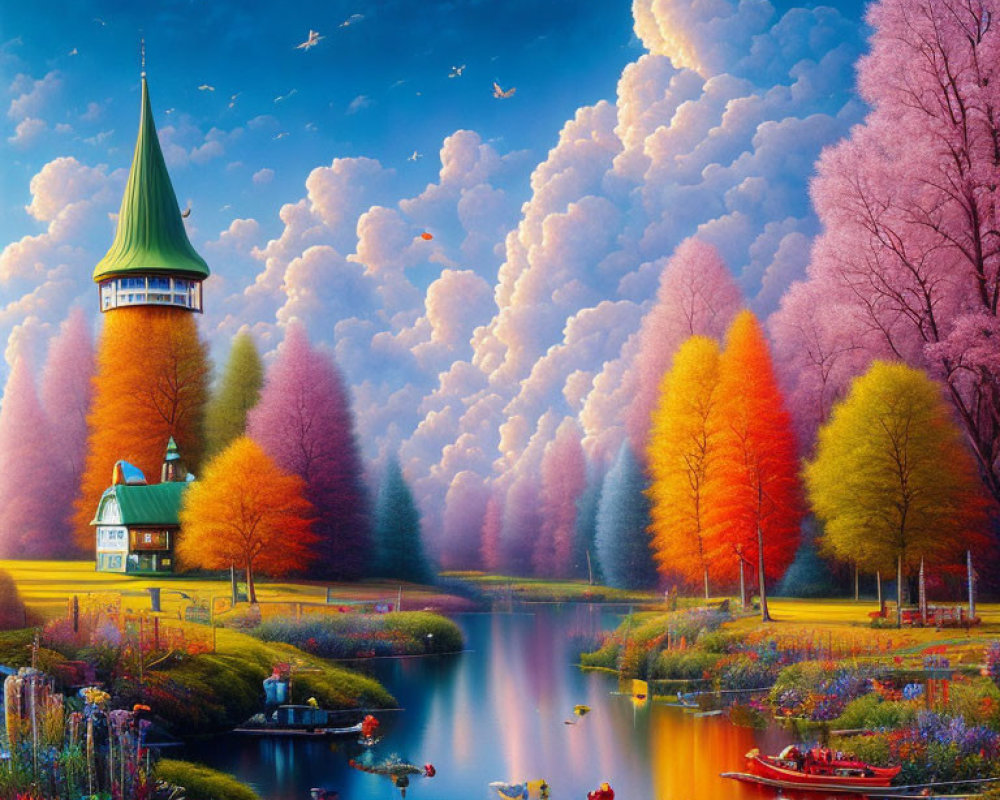 Colorful fantasy landscape with forest, river, tower, and vivid sky