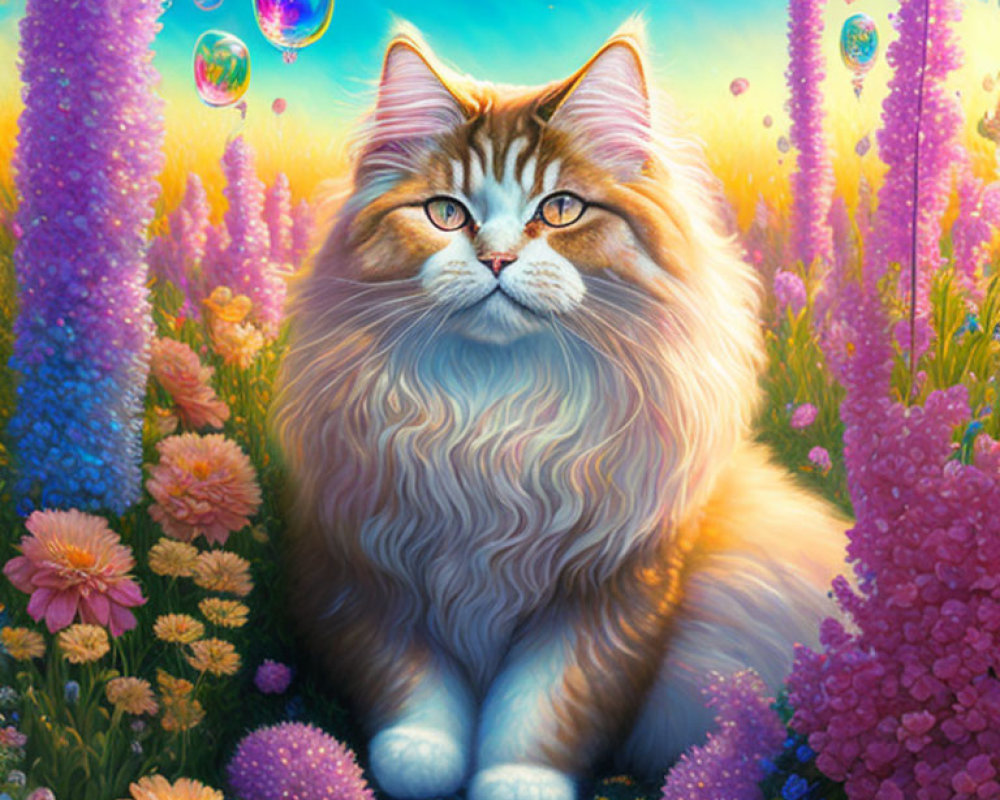 Fluffy cat in vibrant flower field with soap bubbles under blue sky