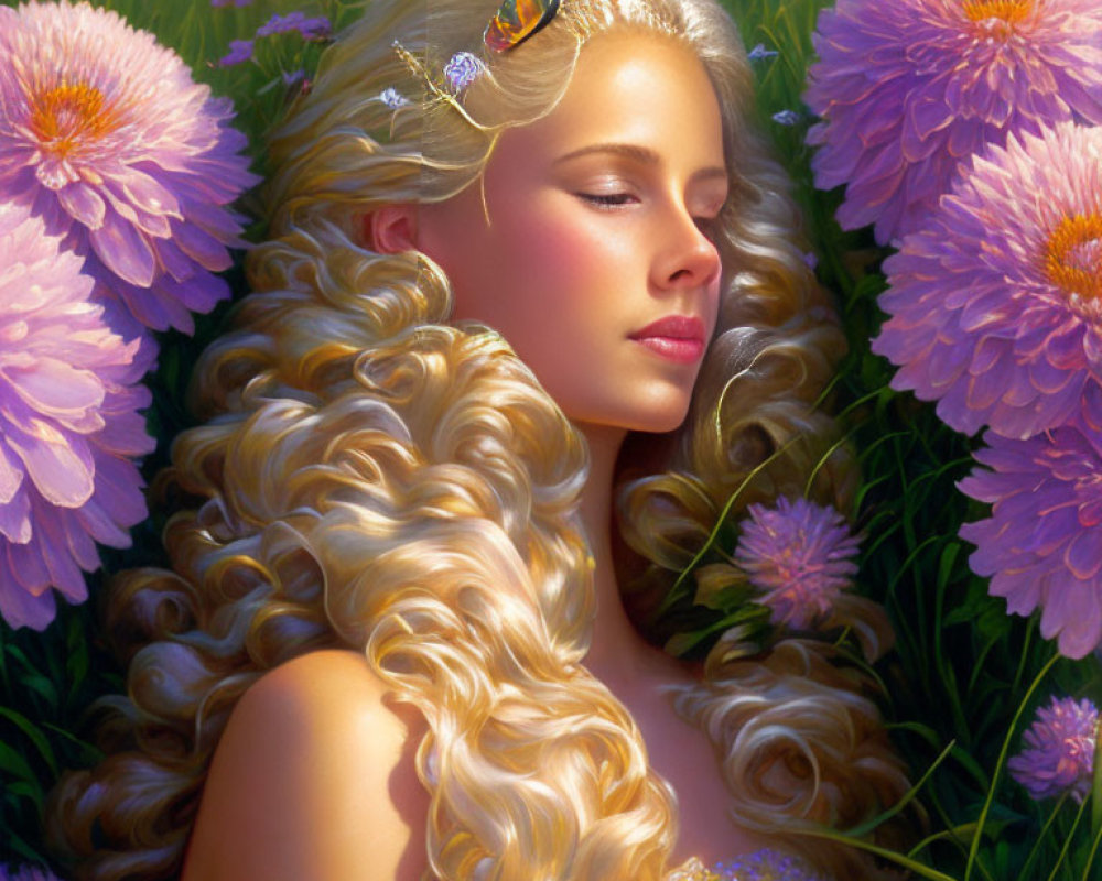 Blonde woman surrounded by pink flowers and butterflies