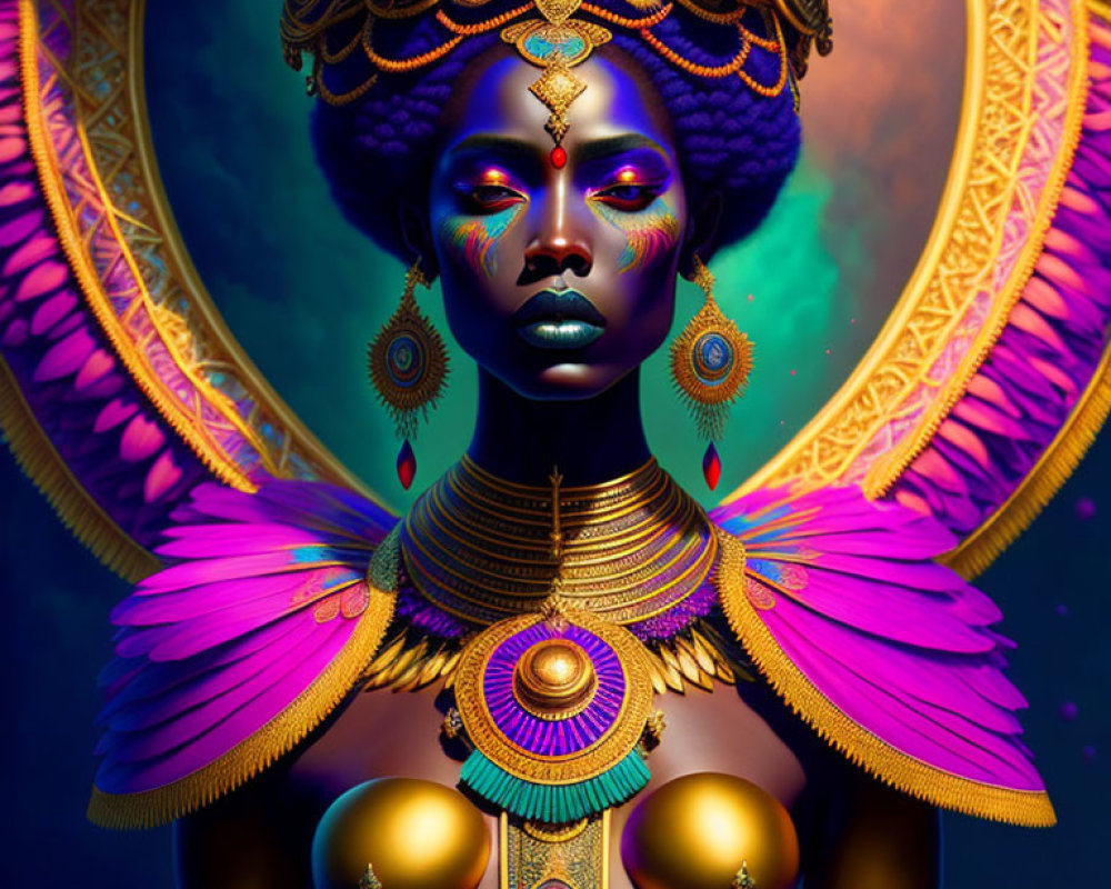 Digital artwork of woman with purple skin in vibrant traditional attire against golden moon.