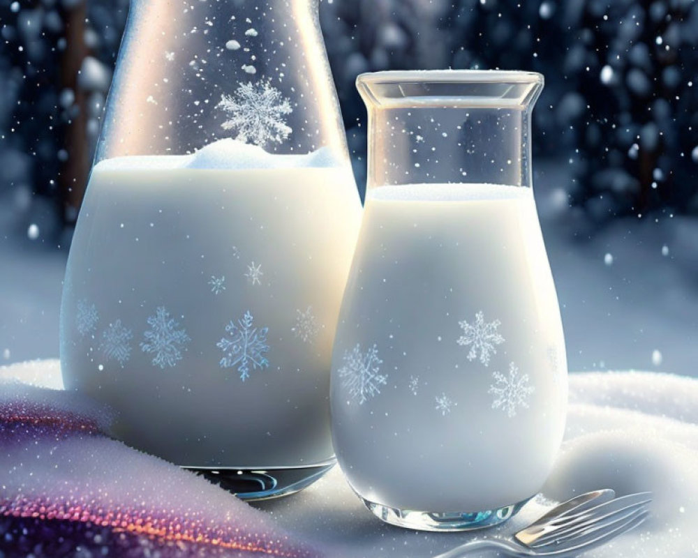 Pitcher and Glass of Milk with Snowflakes on Snowy Surface